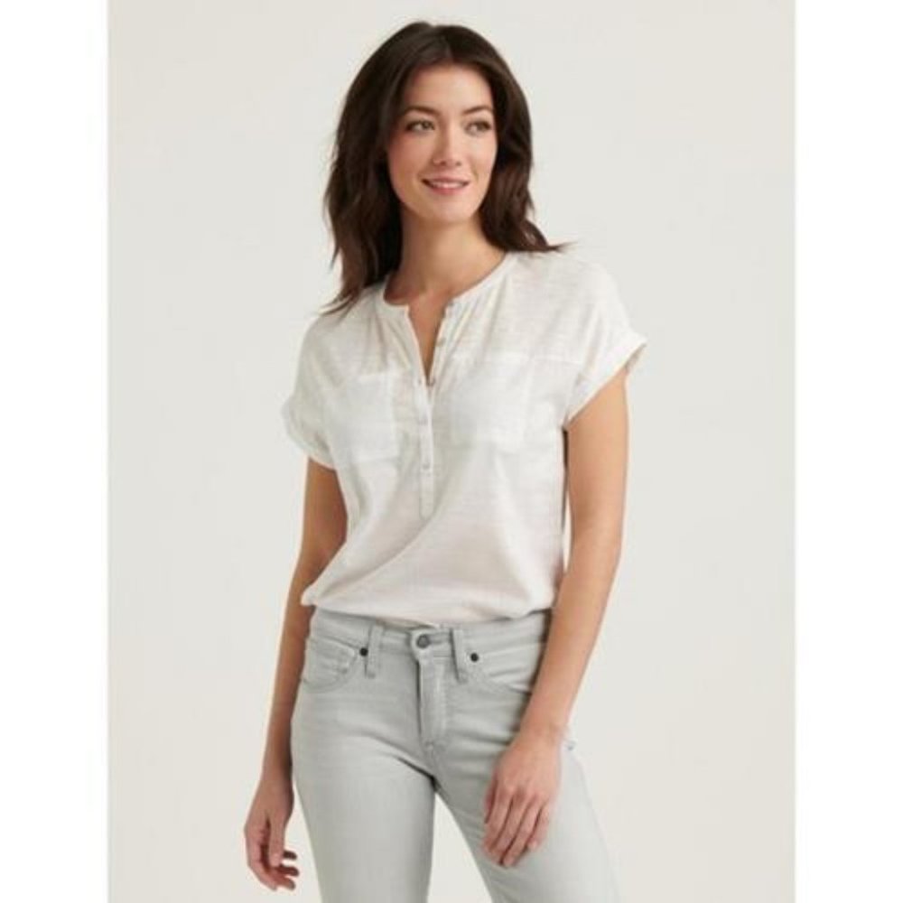 NWT Lucky Brand Short Sleeve Half Button Up Shirt White Women's Medium H13423 - Picture 1 of 10
